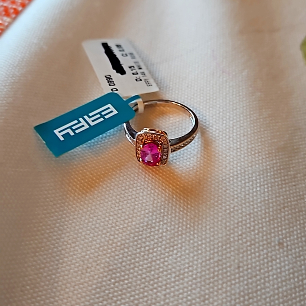 NWT Effy 14K white and rose gold diamond and pink sapphire ring s.7